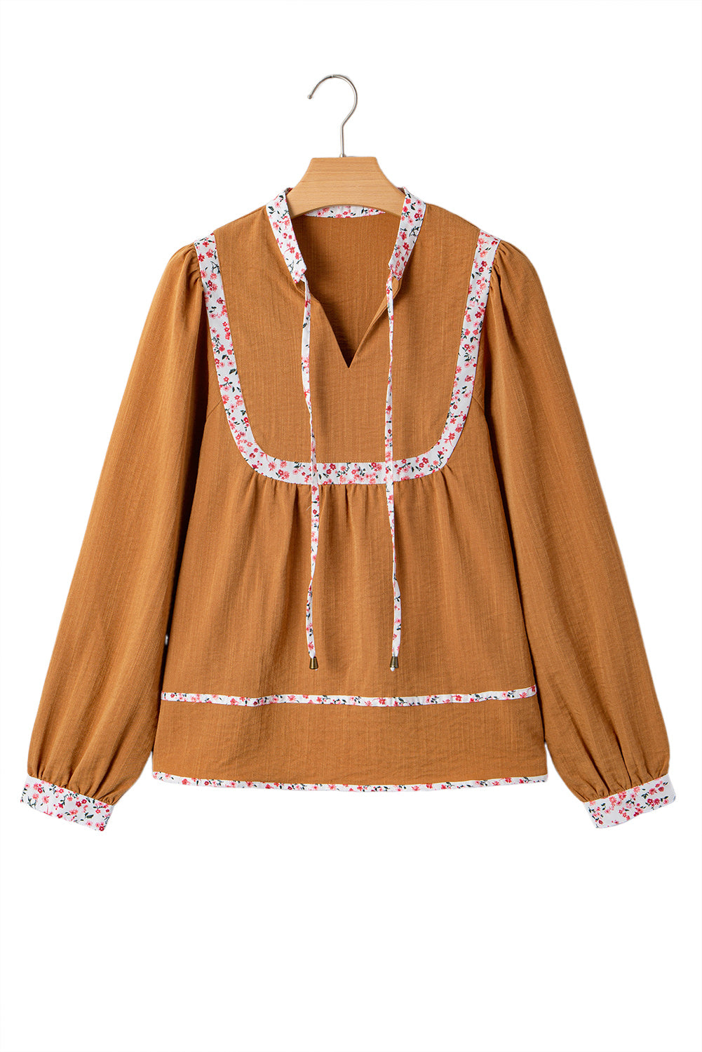 Straw Yellow Split Neck Pleated Floral Trim Long Puff Sleeve Blouse-Tops/Blouses & Shirts-[Adult]-[Female]-2022 Online Blue Zone Planet