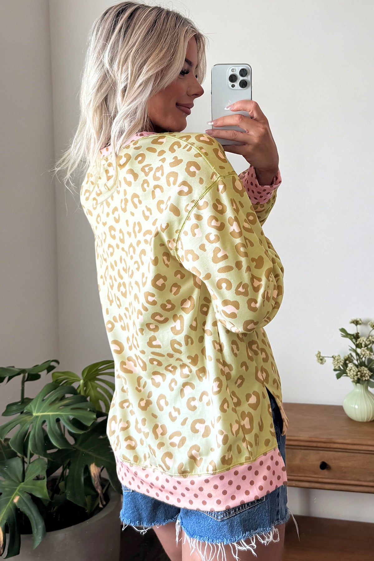 Pink Leopard Polka Dot Colorblock Trim Long Sleeve Top-Tops/Long Sleeve Tops-[Adult]-[Female]-2022 Online Blue Zone Planet