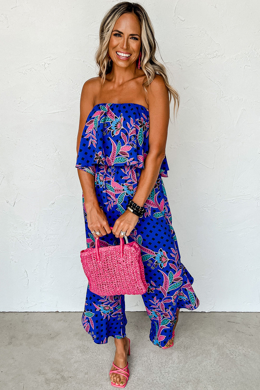 Blue Mix Tropical Print Strapless Ruffled Jumpsuit Blue Zone Planet