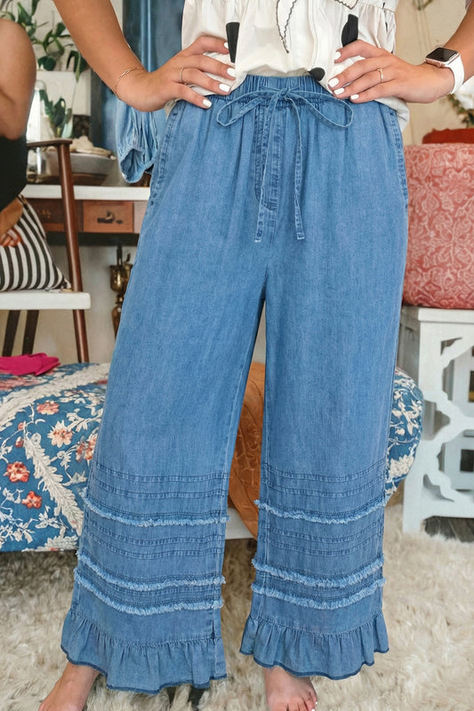 Dusk Blue Ruffled Hem Wide Leg Chambray Pants-Bottoms/Pants & Culotte-[Adult]-[Female]-Dusk Blue-4-2022 Online Blue Zone Planet