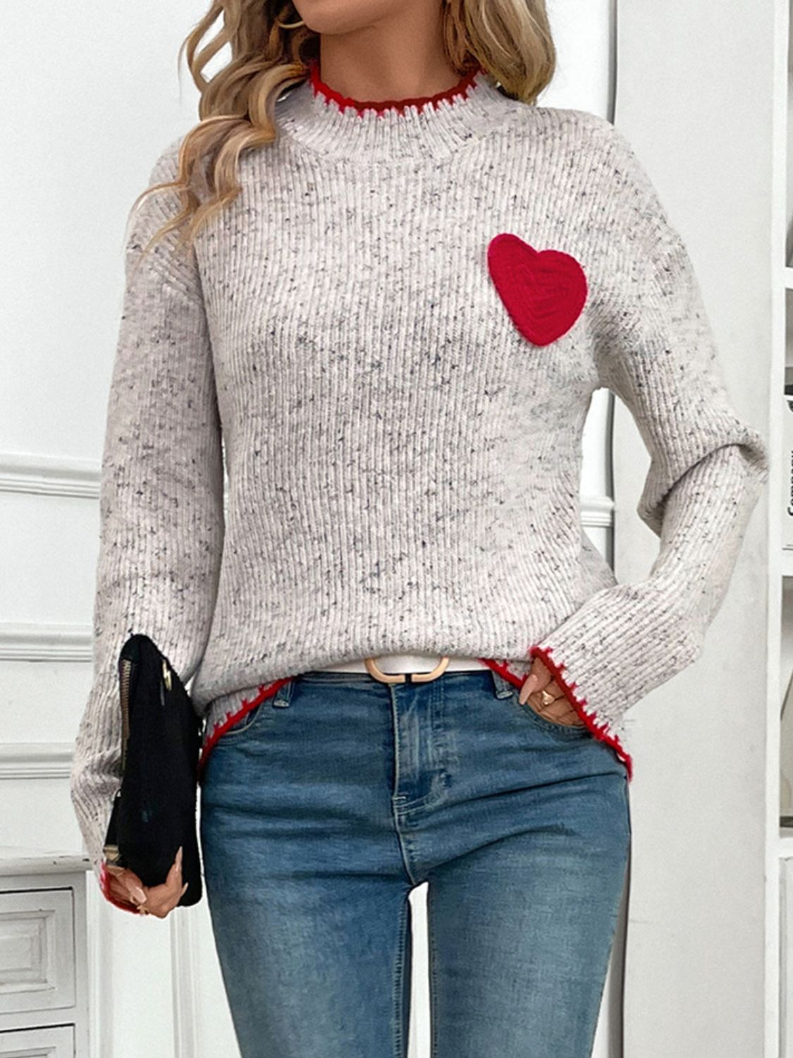 Perfee Contrast Heart Round Neck Long Sleeve Sweater-TOPS / DRESSES-[Adult]-[Female]-2022 Online Blue Zone Planet