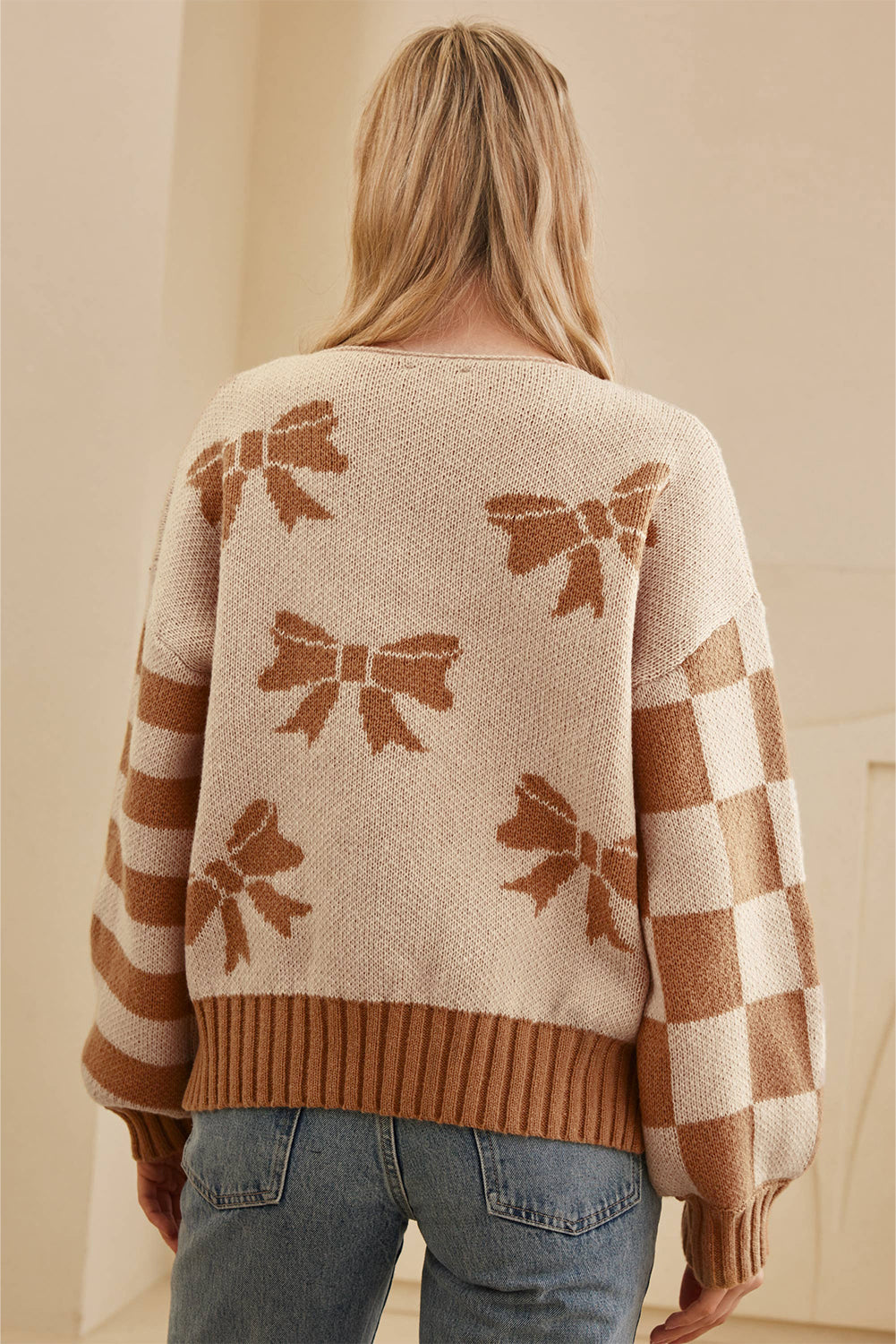 Straw Yellow Ribbon Bow Print Checkered Striped Sleeve Drop Shoulder Sweater-Sweaters & Cardigans/Sweaters-[Adult]-[Female]-2022 Online Blue Zone Planet