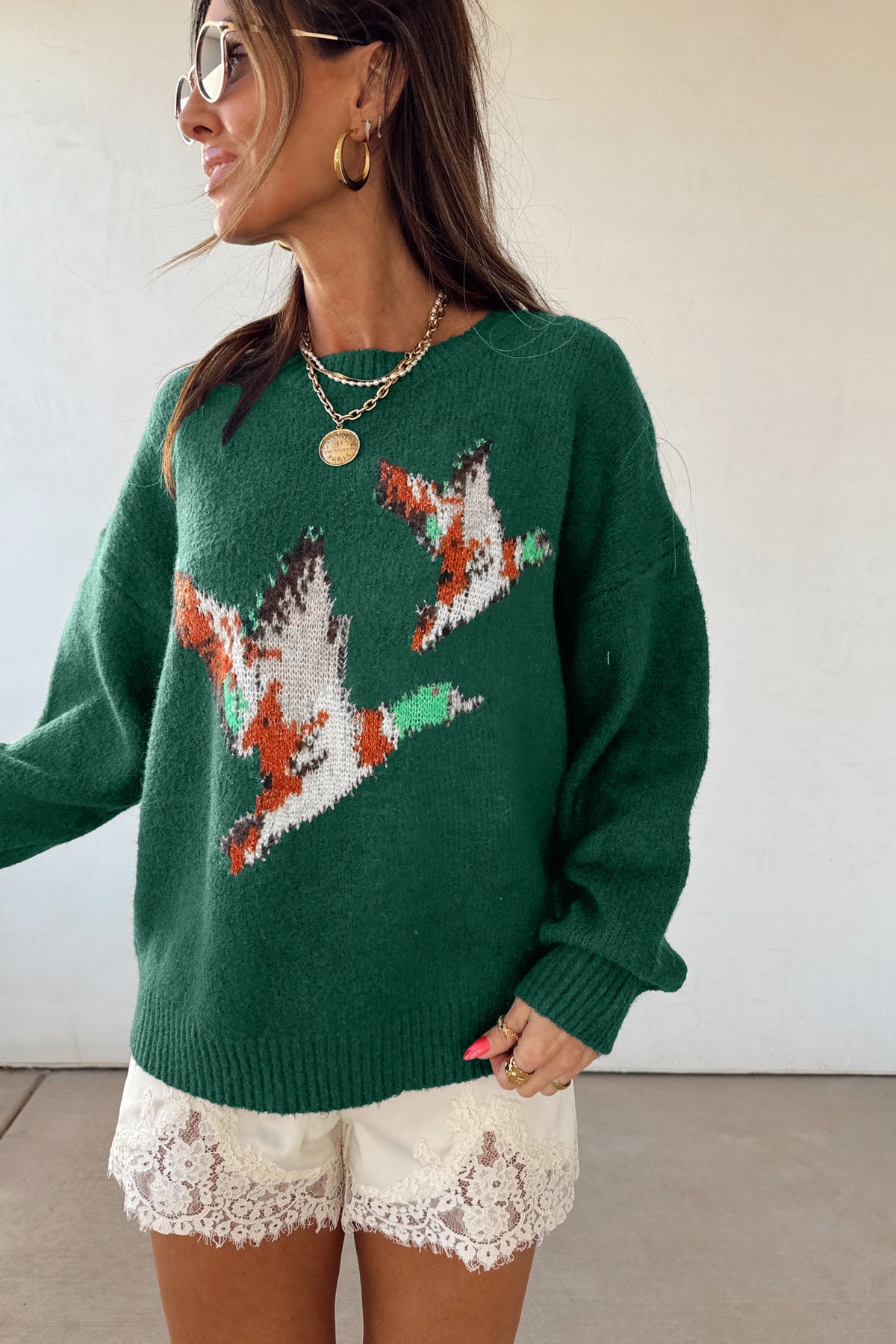 Green Wild Mallard Drop Shoulder Round Neck Long Sleeve Pullover Sweater-Sweaters & Cardigans/Sweaters-[Adult]-[Female]-2022 Online Blue Zone Planet