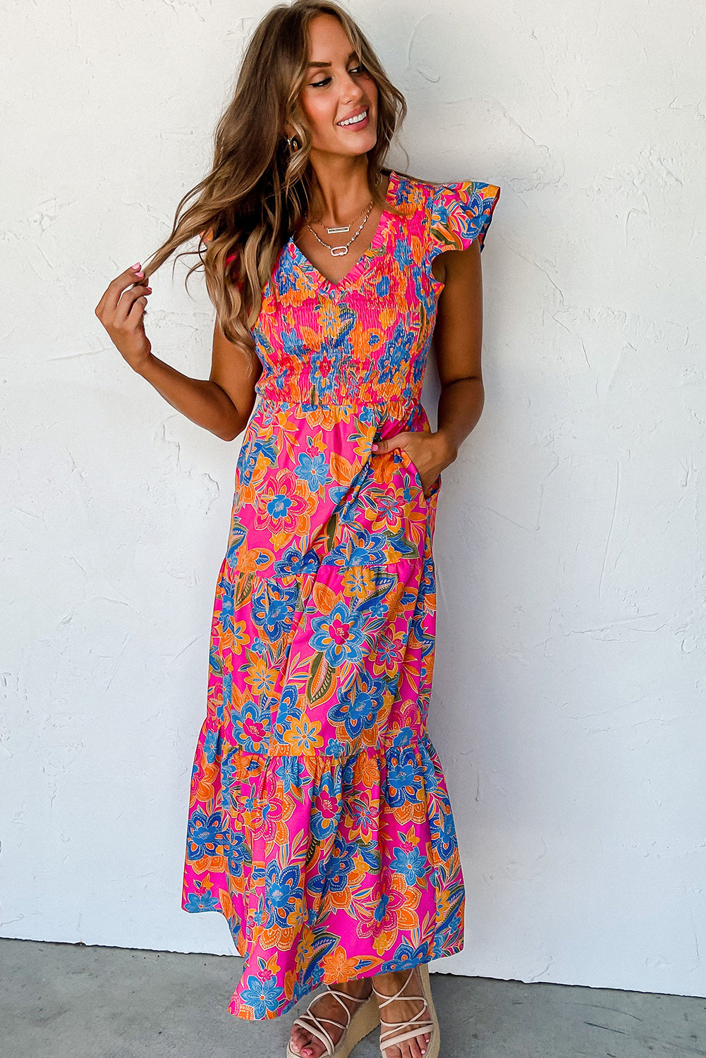 Blue Zone Planet |  Rose Red Boho Floral V Neck Ruffle Tiered Long Dress Blue Zone Planet