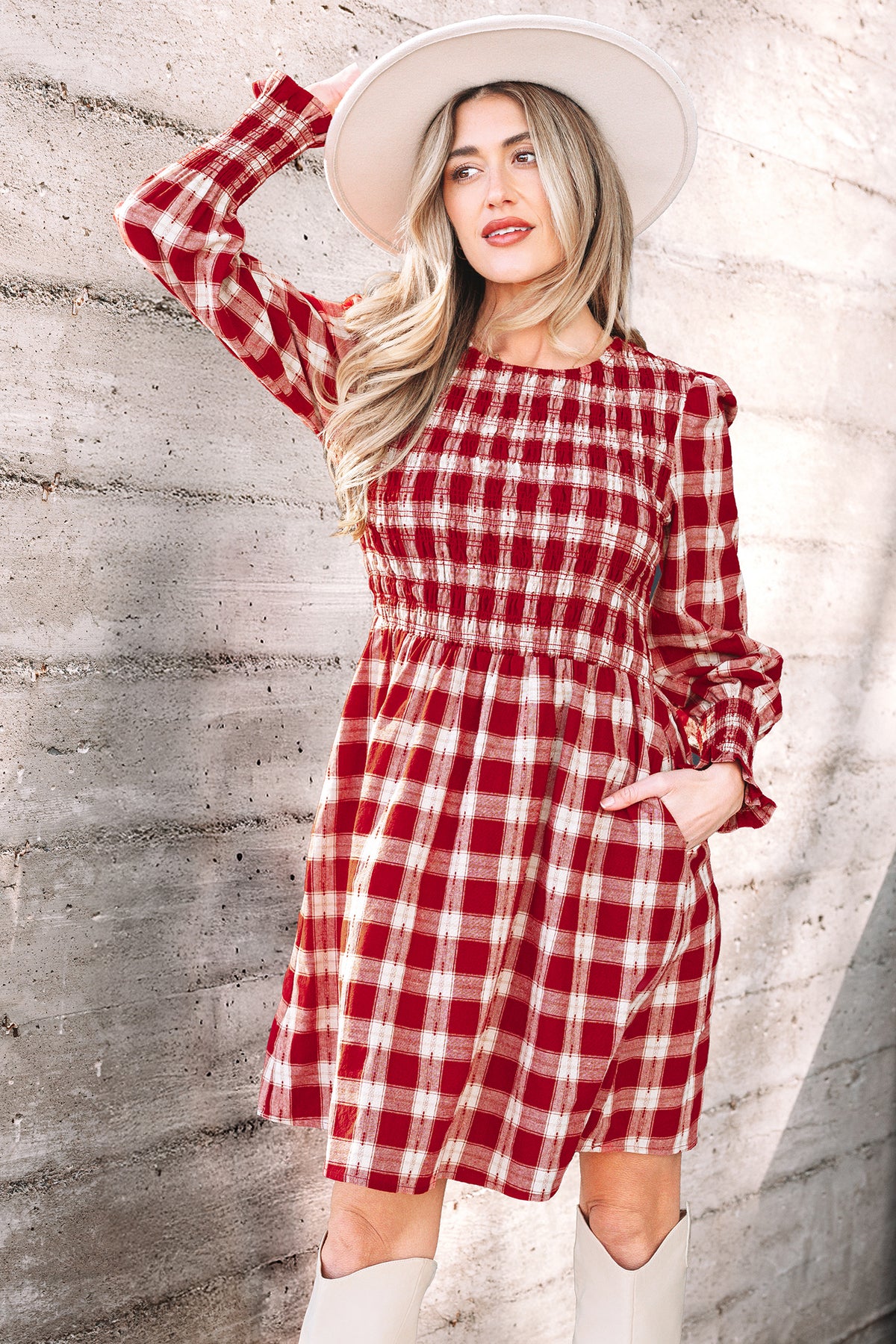 Red Plaid Print Smocked Puff Sleeve Mini Dress-TOPS / DRESSES-[Adult]-[Female]-2022 Online Blue Zone Planet