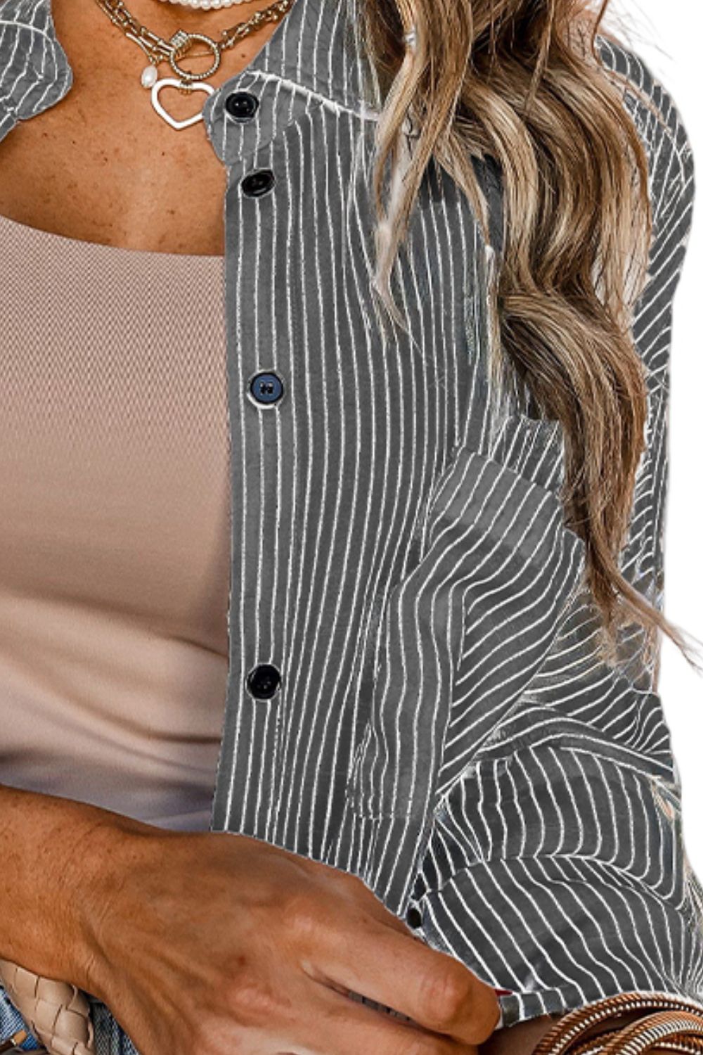 Pocketed Striped Collared Neck Long Sleeve Shirt-TOPS / DRESSES-[Adult]-[Female]-2022 Online Blue Zone Planet