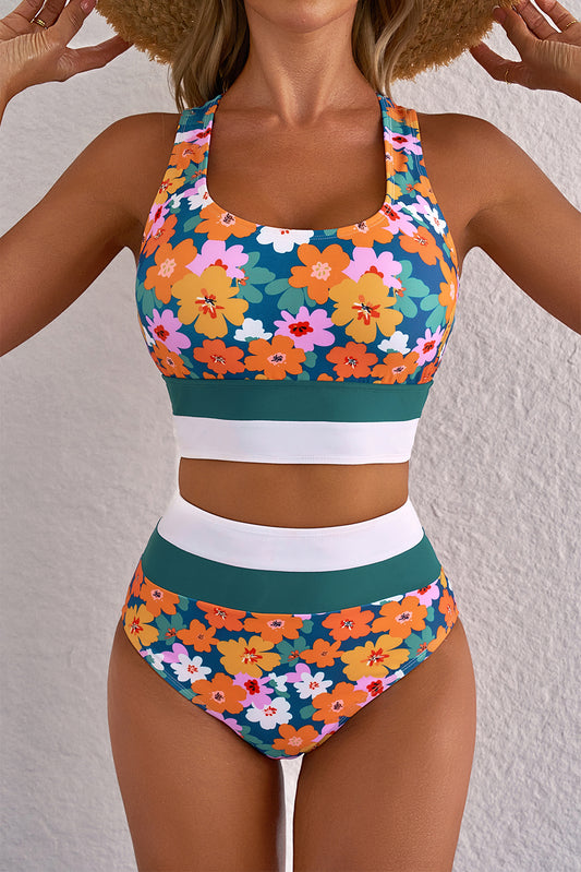 Green Floral Print Racerback Cutout High Waist 2pcs Bikini-Swimwear/Bikinis-[Adult]-[Female]-Green-S-2022 Online Blue Zone Planet