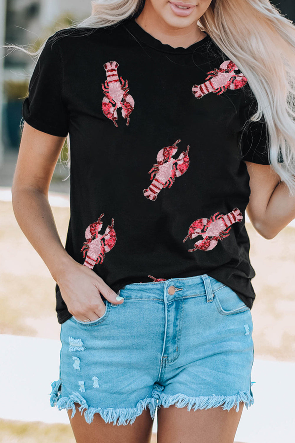 Black Sequined Crayfish Round Neck Graphic Tee-Graphic/Graphic Tees-[Adult]-[Female]-2022 Online Blue Zone Planet