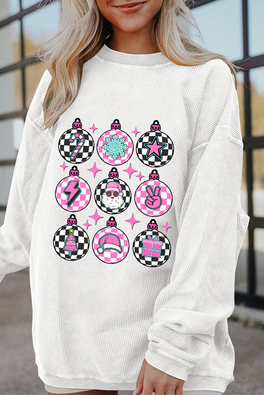 Blue Zone Planet | White Christmas Pattern Checkered Print Ribbed Pullover Sweatshirt-Graphic Sweatshirts-[Adult]-[Female]-White-S-2022 Online Blue Zone Planet