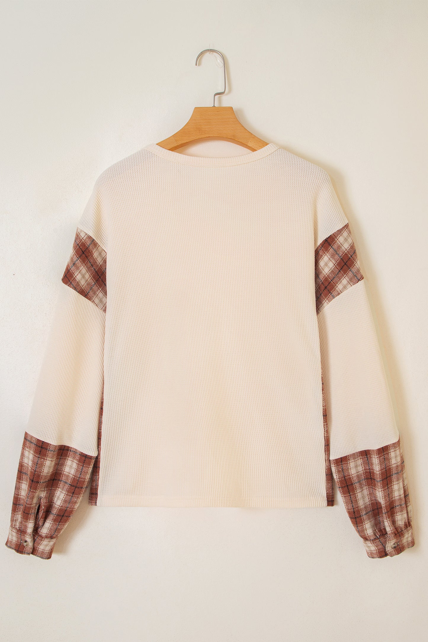 Beige Waffle Textured V Neck Plaid Colorblock Drop Shoulder Long Sleeve Top-Tops/Long Sleeve Tops-[Adult]-[Female]-2022 Online Blue Zone Planet