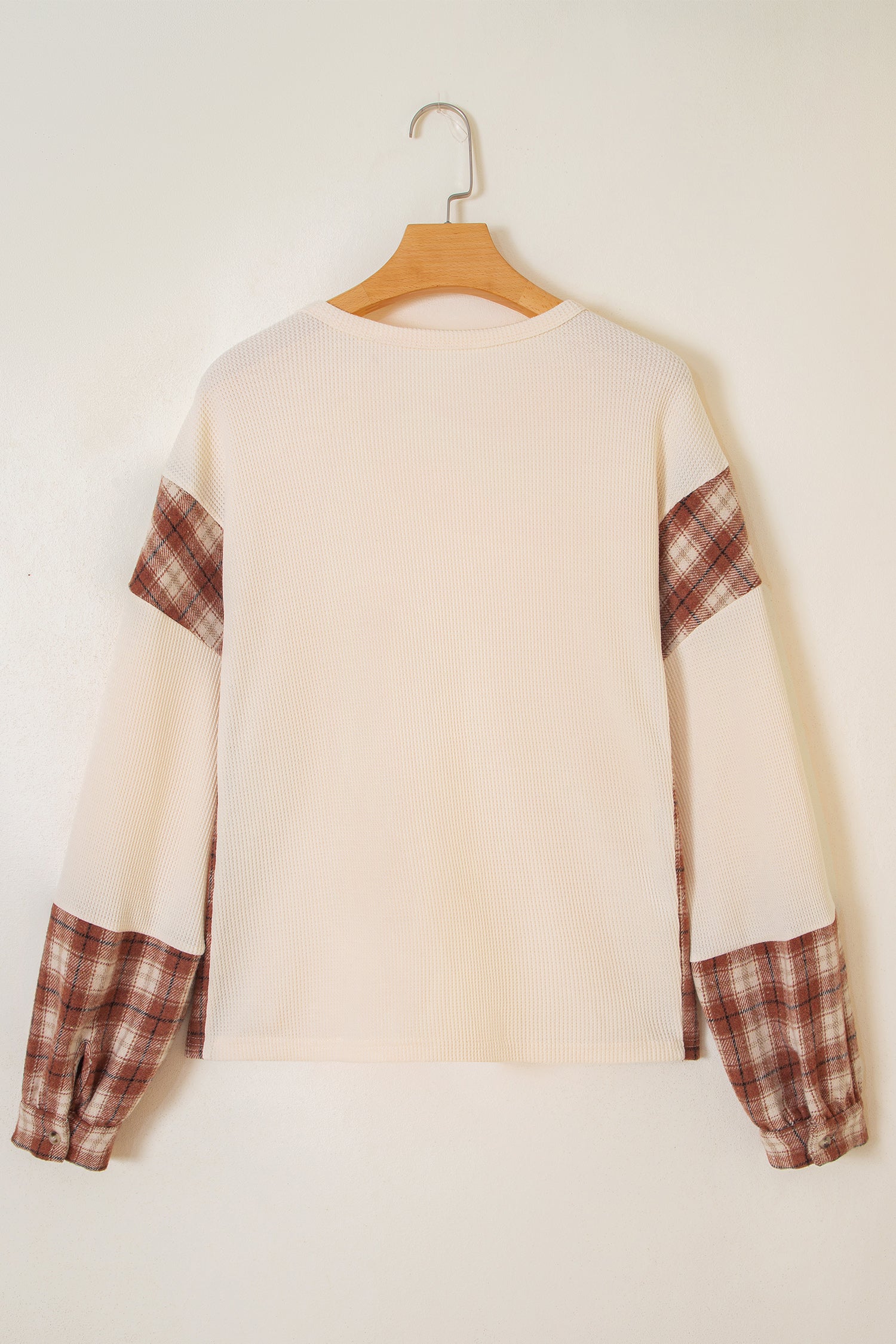 Beige Waffle Textured V Neck Plaid Colorblock Drop Shoulder Long Sleeve Top-Tops/Long Sleeve Tops-[Adult]-[Female]-2022 Online Blue Zone Planet