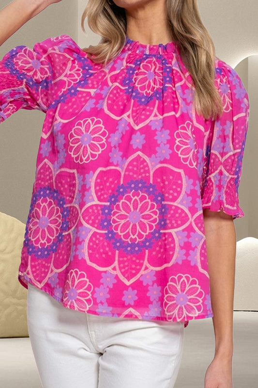 Printed Round Neck Half Sleeve Blouse-TOPS / DRESSES-[Adult]-[Female]-Hot Pink-S-2022 Online Blue Zone Planet