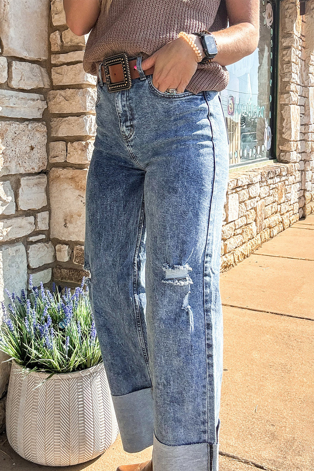 Ashleigh Blue Mineral Wash Bottom Cuff Distressed Wide Leg Jeans-Bottoms/Jeans-[Adult]-[Female]-2022 Online Blue Zone Planet