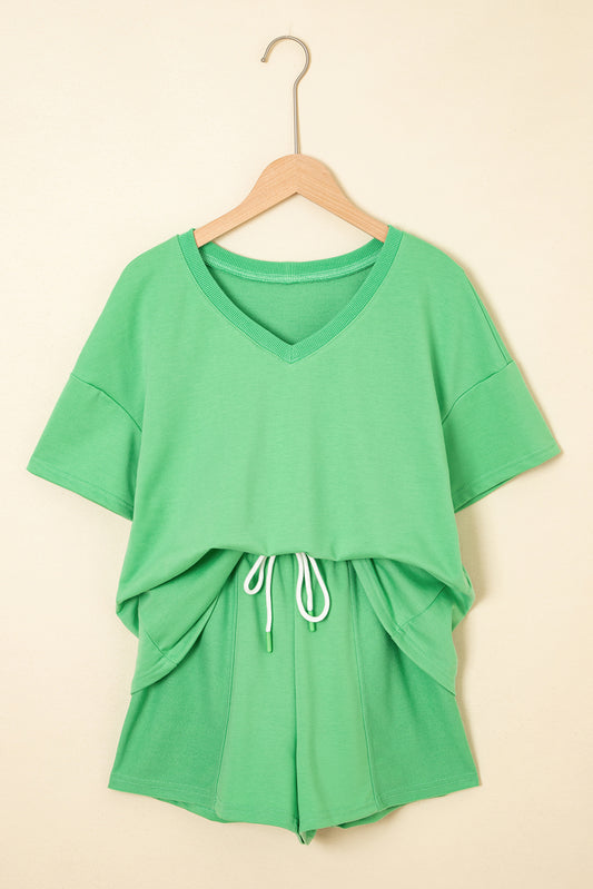 Mint Green V Neck Drop Shoulder Tee And Patchwork Drawstring Shorts Set-Two Piece Sets/Short Sets-[Adult]-[Female]-2022 Online Blue Zone Planet