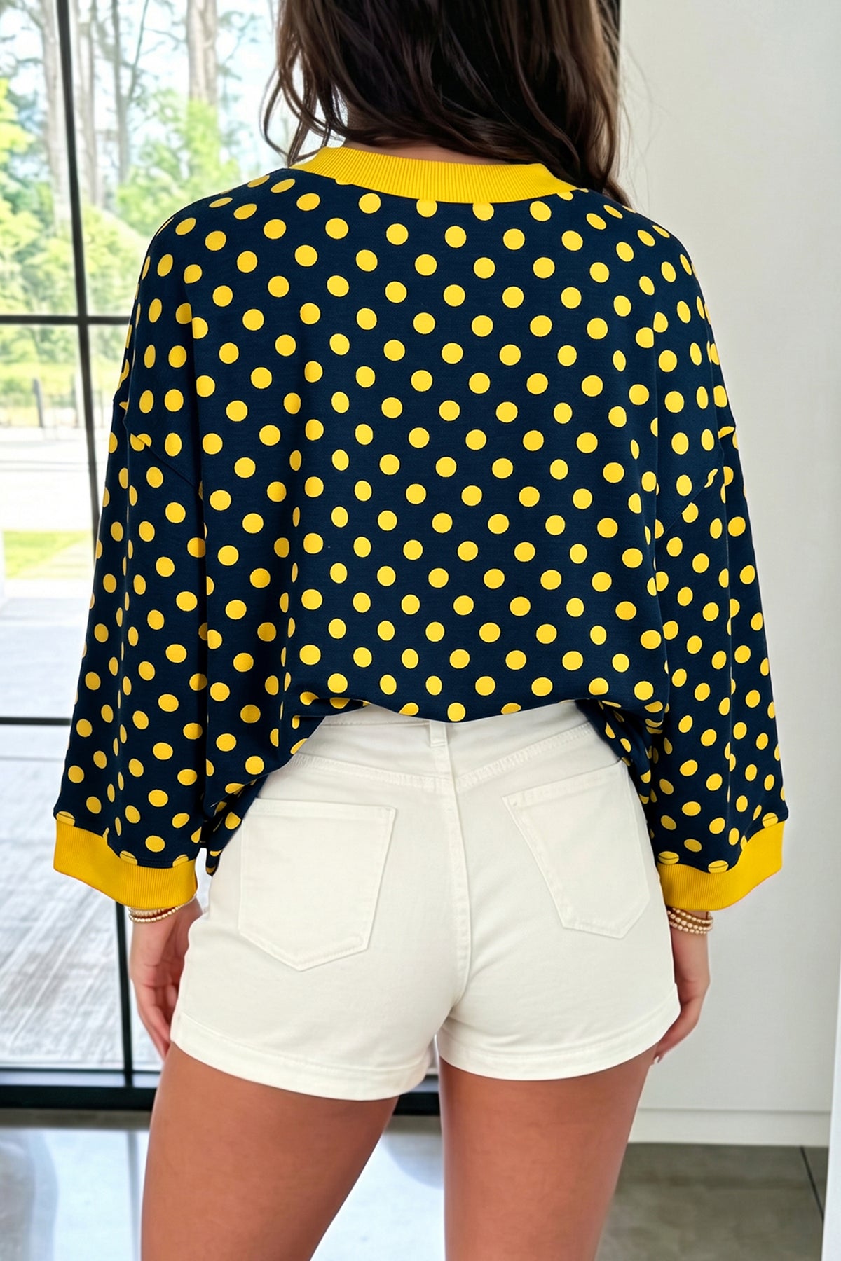 Blue Polka Dot Print Contrast Trim Round Neck Bracelet Sleeve Top-Bracelet-[Adult]-[Female]-2022 Online Blue Zone Planet