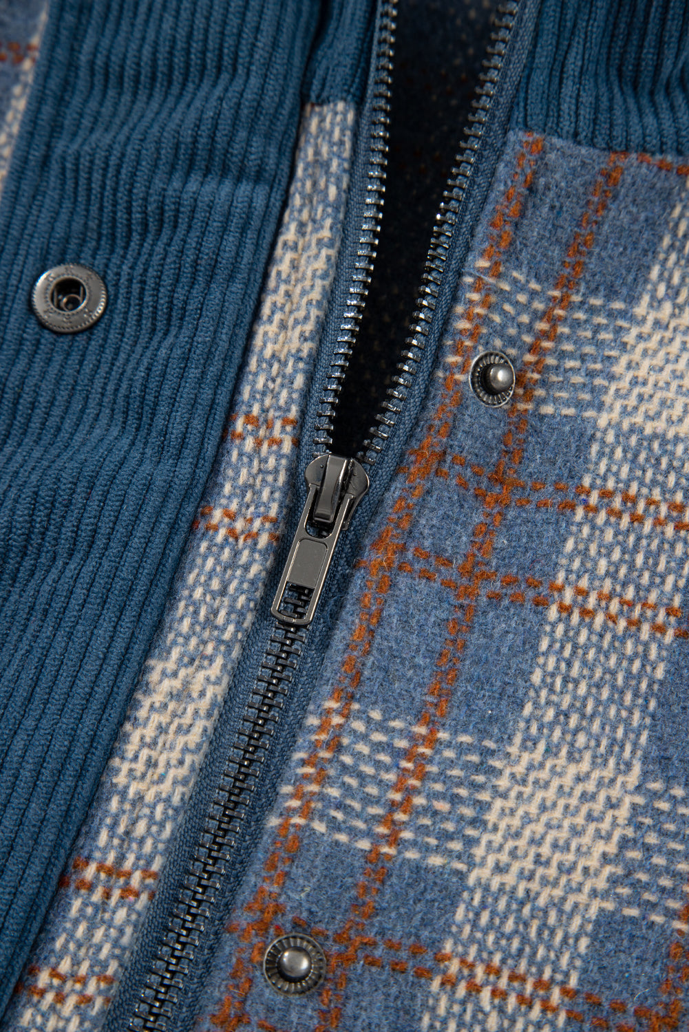 Gray Plaid Corduroy Patchwork Collared Zip Up Snap Button Jacket-Outerwear/Plaid Shackets-[Adult]-[Female]-2022 Online Blue Zone Planet