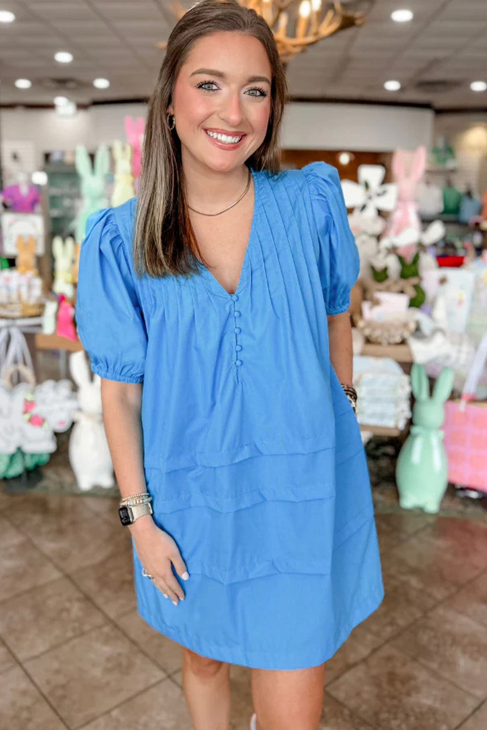 Blue Zone Planet | Blue Solid Color Pleated Puff Short Sleeve Shift Dress-TOPS / DRESSES-[Adult]-[Female]-2022 Online Blue Zone Planet