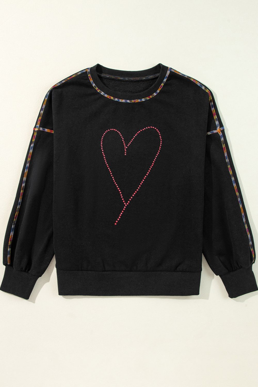 Valentine’s Day Rhinestone Heart Round Neck Long Sleeve Sweatshirt-TOPS / DRESSES-[Adult]-[Female]-2022 Online Blue Zone Planet