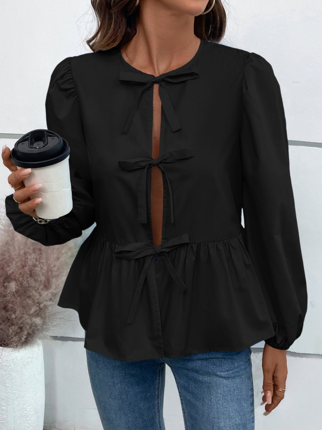 Blue Zone Planet | Ivy Lane Peplum Tied Long Sleeve Blouse-TOPS / DRESSES-[Adult]-[Female]-Black-S-2022 Online Blue Zone Planet