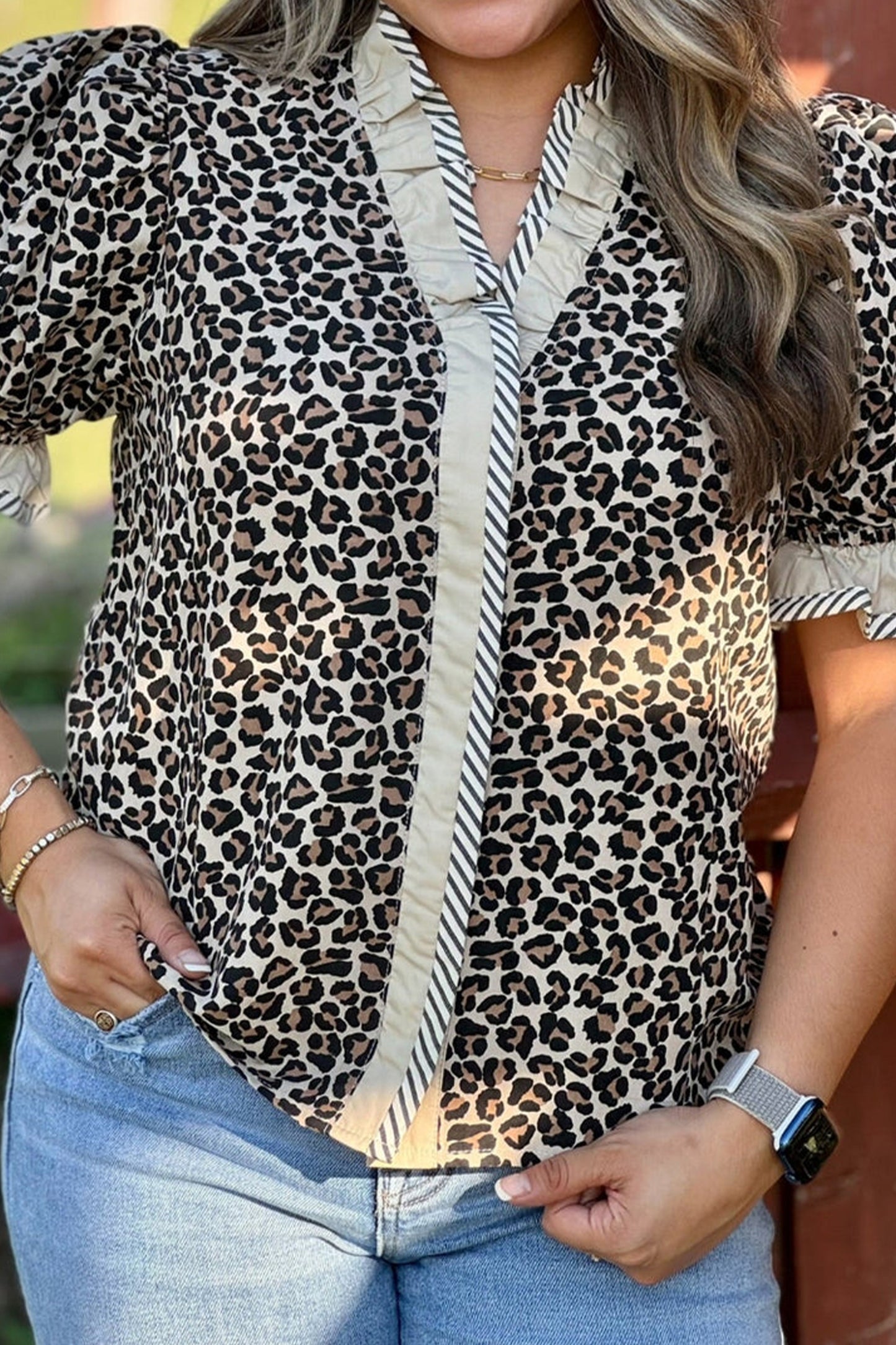 Black Plus Leopard Print Striped Color Block Trim Frilled V Neck Short Sleeve Blouse-Plus Size/Plus Size Tops/Plus Size Blouses & Shirts-[Adult]-[Female]-2022 Online Blue Zone Planet