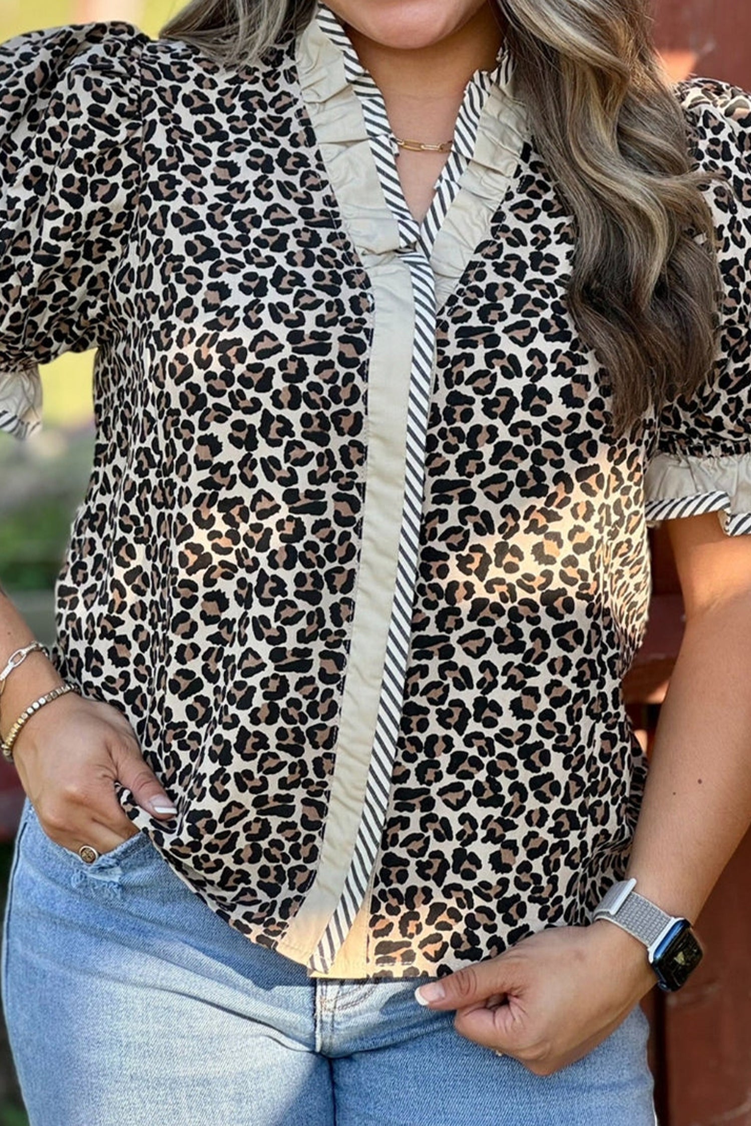 Black Plus Leopard Print Striped Color Block Trim Frilled V Neck Short Sleeve Blouse-Plus Size/Plus Size Tops/Plus Size Blouses & Shirts-[Adult]-[Female]-2022 Online Blue Zone Planet