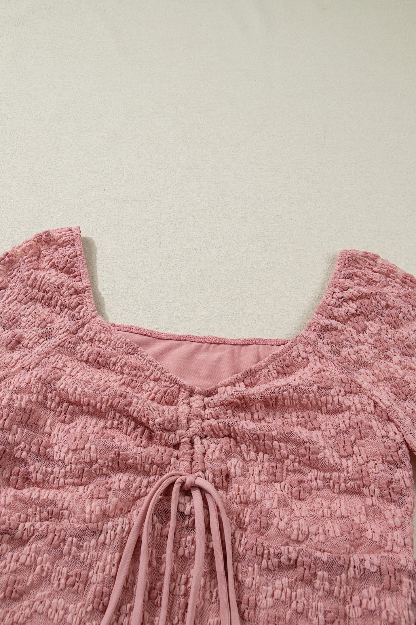 Peach Blossom Drawstring Knot Detail Floral Lace Blouse-Tops/Blouses & Shirts-[Adult]-[Female]-2022 Online Blue Zone Planet