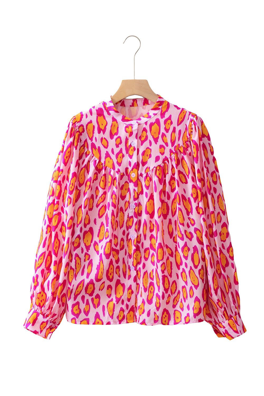 Rose Red Oversized Leopard Print Balloon Sleeve Casual Shirt-Tops/Blouses & Shirts-[Adult]-[Female]-2022 Online Blue Zone Planet