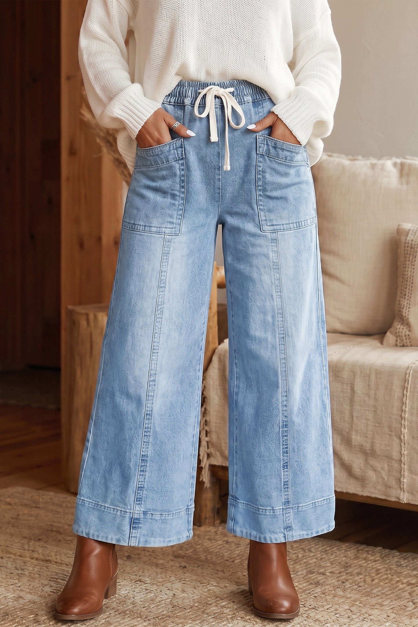 Beau Blue Drawstring Waist Wide Leg Ankle Length Jeans-Bottoms/Jeans-[Adult]-[Female]-Beau Blue-4-2022 Online Blue Zone Planet