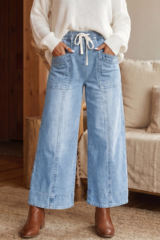 Beau Blue Drawstring Waist Wide Leg Ankle Length Jeans-Bottoms/Jeans-[Adult]-[Female]-Beau Blue-4-2022 Online Blue Zone Planet