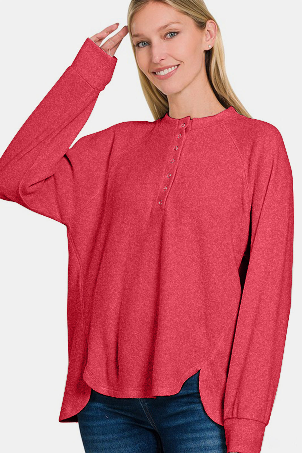 Blue Zone Planet | Zenana Full Size Brushed Melange Hacci High-Low Sweater-TOPS / DRESSES-[Adult]-[Female]-2022 Online Blue Zone Planet