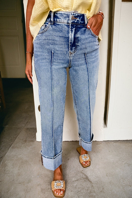 Myosotis Center Seam Cuffed Hem Straight High Waist Jeans-Bottoms/Jeans-[Adult]-[Female]-2022 Online Blue Zone Planet