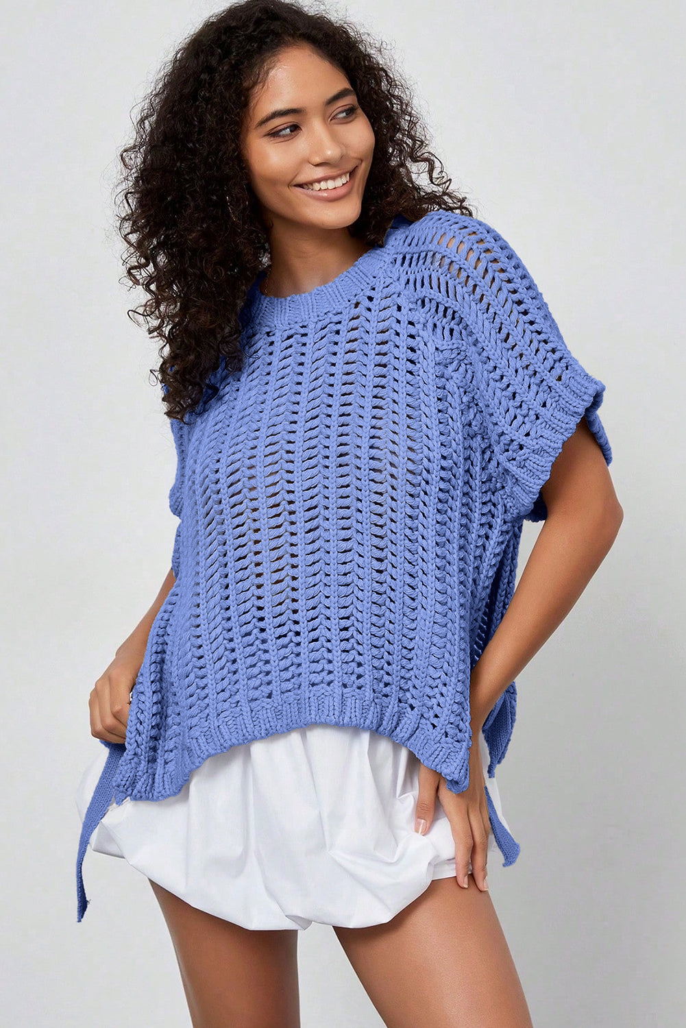 Black Plus Size Open Knit Bow Tie Short Sleeve Sweater-Plus Size/Plus Size Sweaters & Cardigans-[Adult]-[Female]-2022 Online Blue Zone Planet