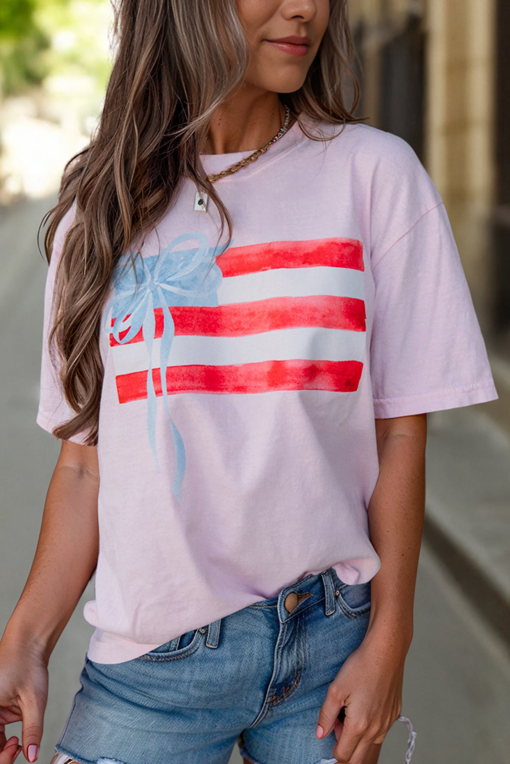 Light Pink Flag Bow Graphic Crewneck Tee-Tops/Tops & Tees-[Adult]-[Female]-2022 Online Blue Zone Planet