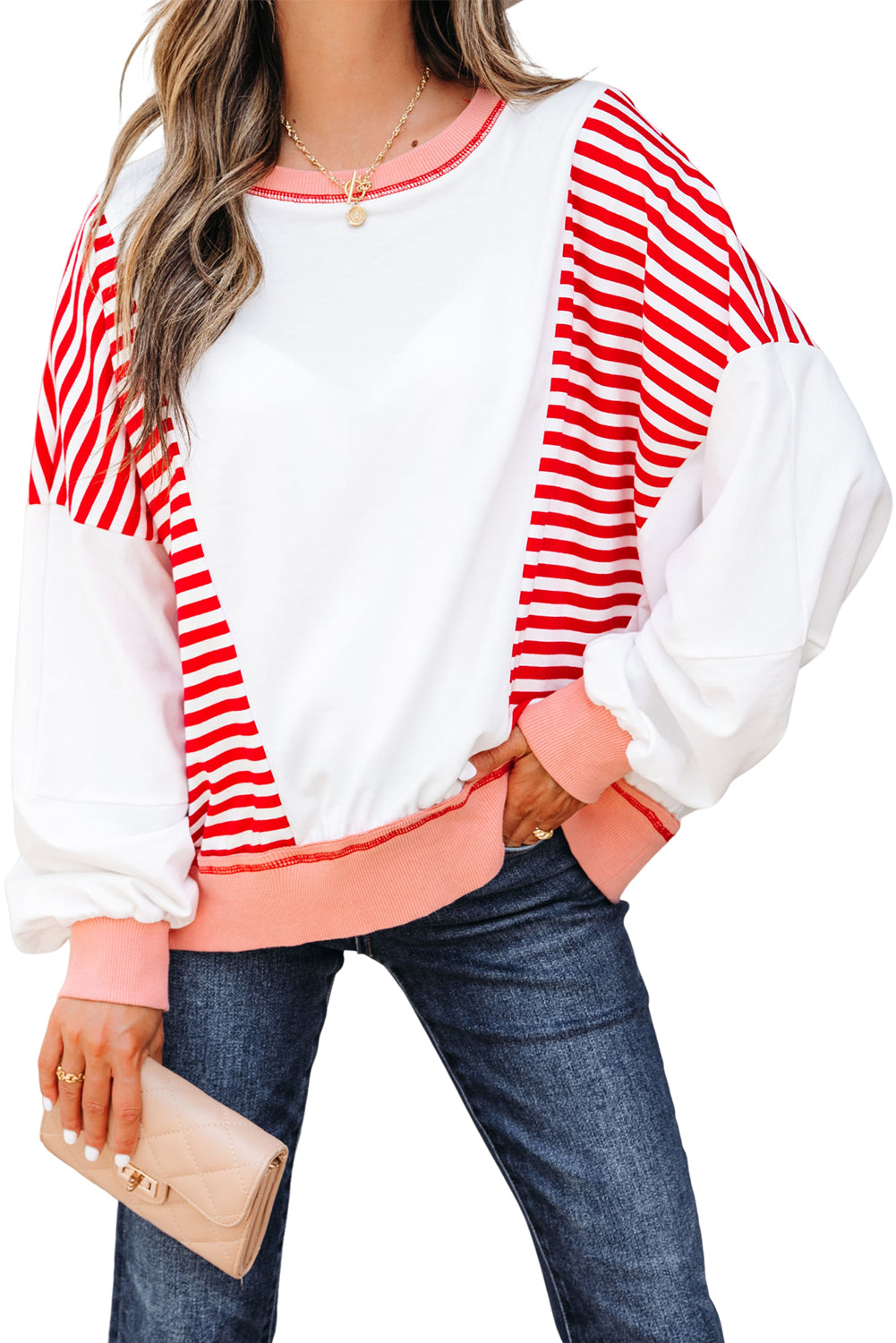 Red Stripe Colorblock Patchwork Contrast Stitching Oversize Sweatshirt-Tops/Sweatshirts & Hoodies-[Adult]-[Female]-2022 Online Blue Zone Planet