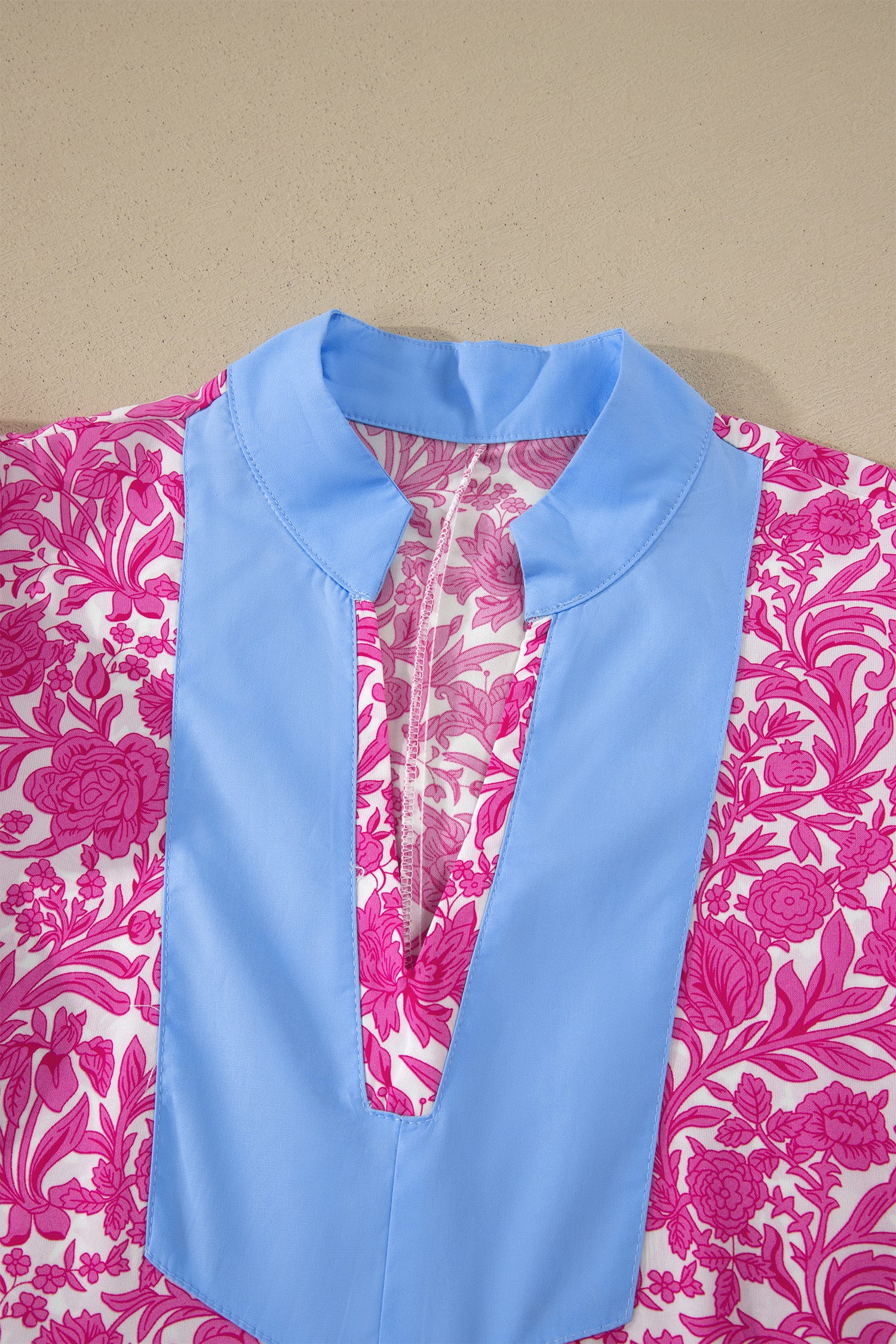 Pink Floral Print Color Block Patchwork V Neck Short Sleeve Midi Dress-TOPS / DRESSES-[Adult]-[Female]-2022 Online Blue Zone Planet