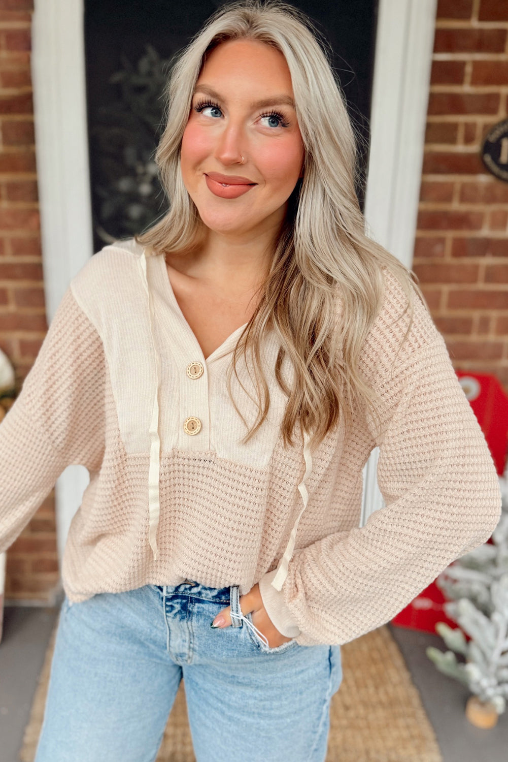 Oatmeal Waffle Patchwork Drop Shoulder Hooded Long Sleeve Top-Tops / Dresses-[Adult]-[Female]-2022 Online Blue Zone Planet