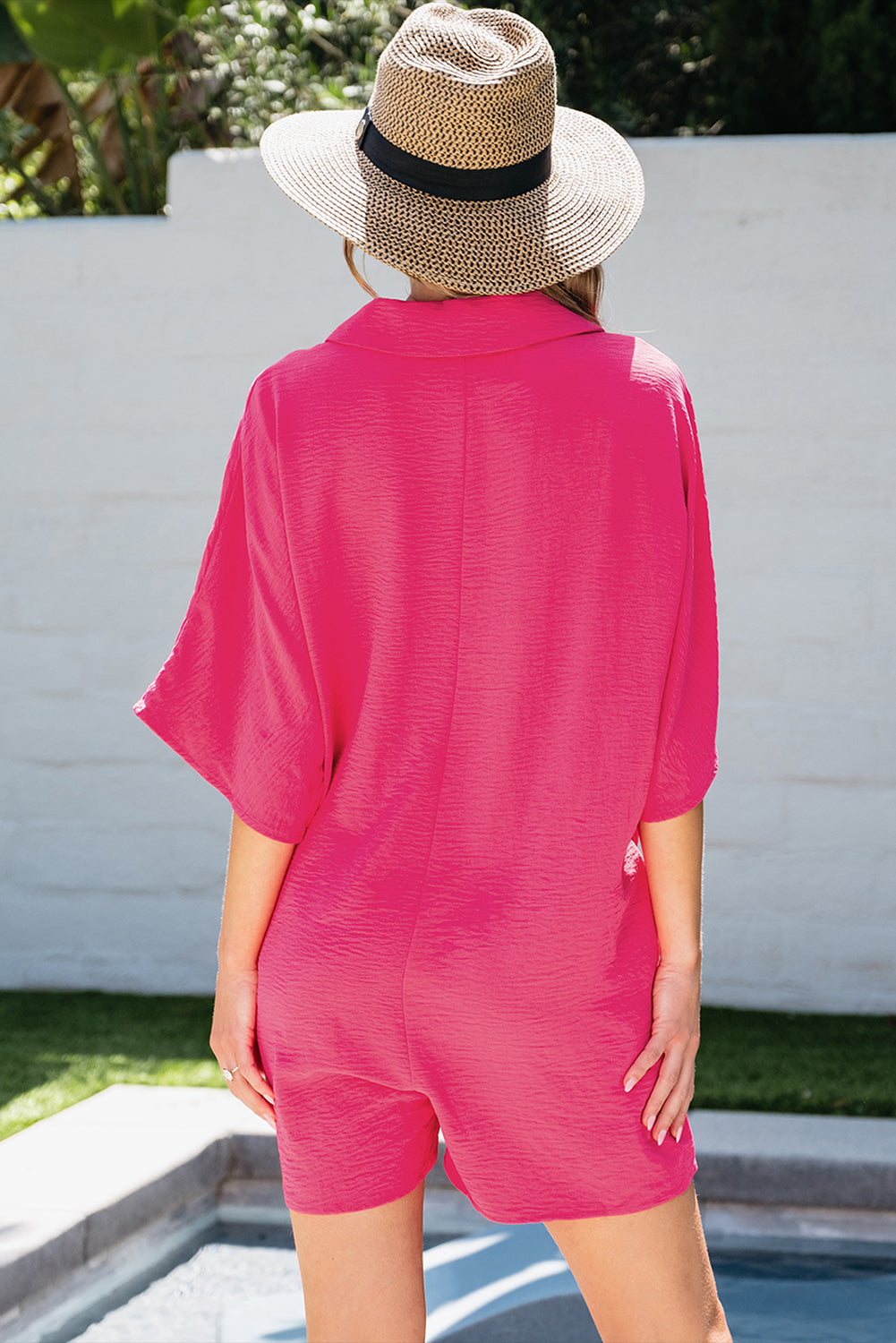 Bright Pink Half Button Collared Loose Romper Blue Zone Planet