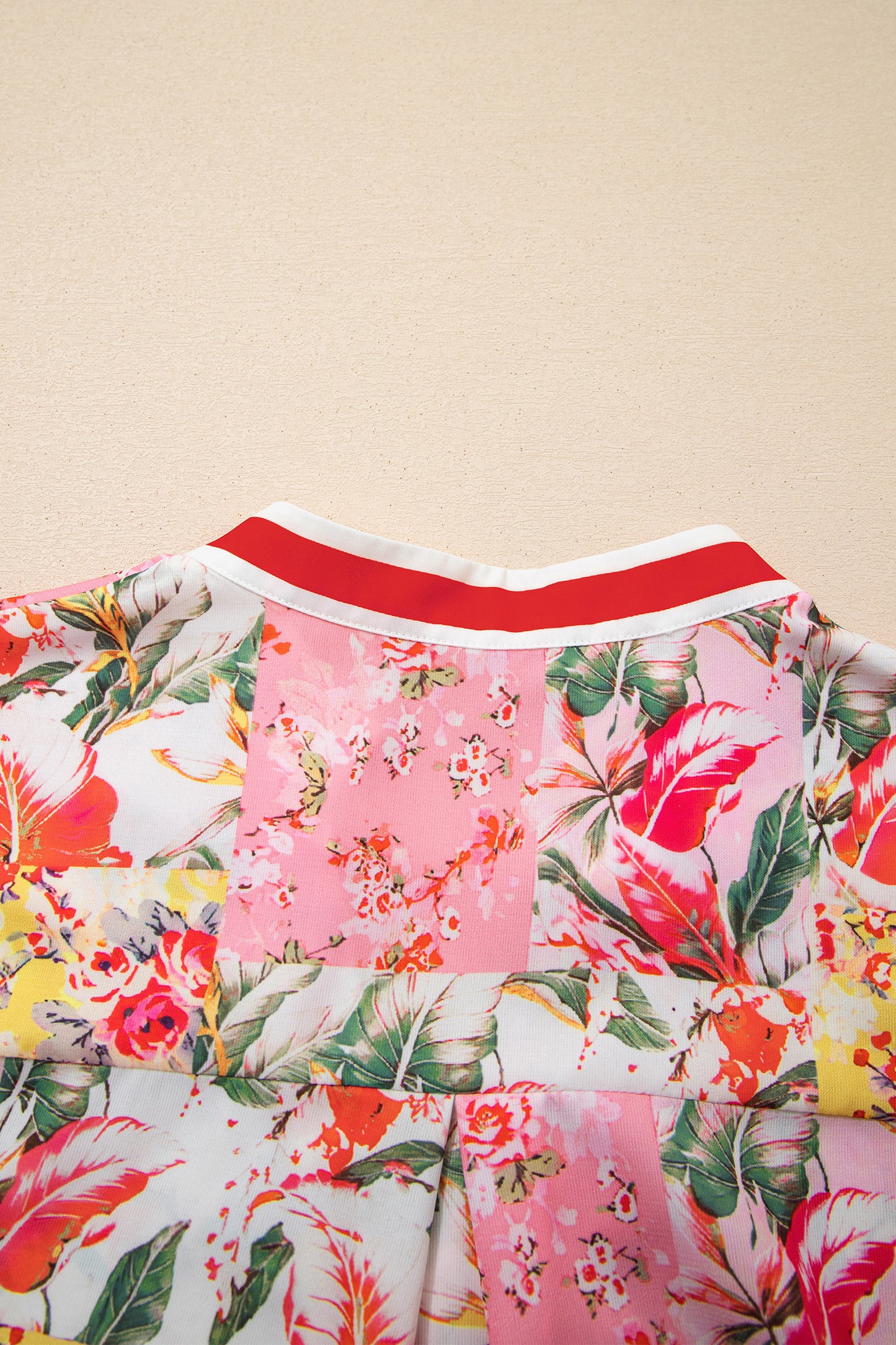 Pink Color Block Floral Print Contrast Trim V Neck Ruffle Hem Mini Dress-TOPS / DRESSES-[Adult]-[Female]-2022 Online Blue Zone Planet