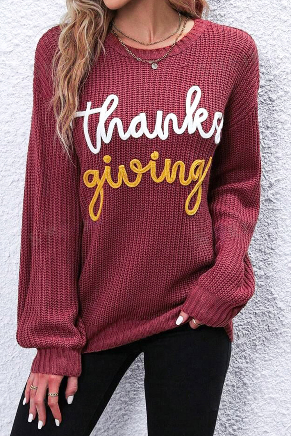 Blue Zone Planet | Red Sandalwood Thanks Giving Letter Graphic Crew Neck Sweater-Sweaters & Cardigans/Sweaters-[Adult]-[Female]-2022 Online Blue Zone Planet