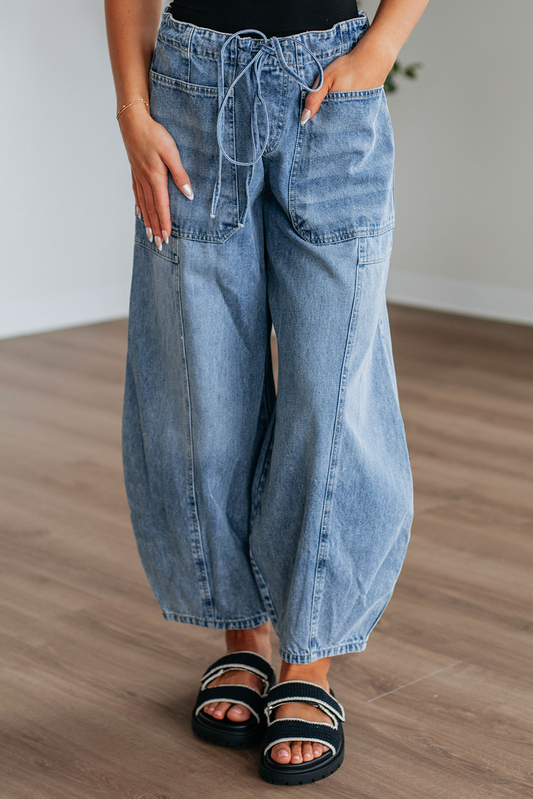 Myosotis Large Patch Pocket Drawstring Paperbag Waist Barrel Jeans-Bottoms/Jeans-[Adult]-[Female]-Myosotis-4-2022 Online Blue Zone Planet