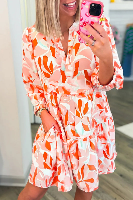 Orange Abstract Print Split Neck Long Sleeve Dress-TOPS / DRESSES-[Adult]-[Female]-Orange-S-2022 Online Blue Zone Planet