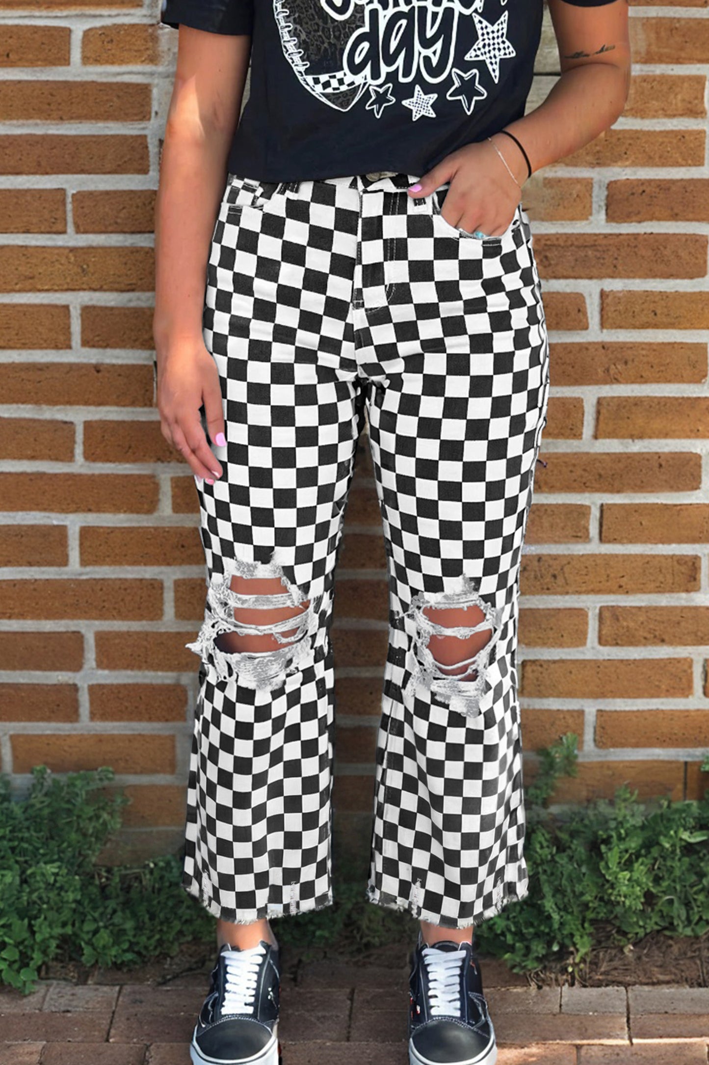Black Checkerboard Print Distressed Holes Raw Edge Cropped Jeans-Bottoms/Jeans-[Adult]-[Female]-Black-4-2022 Online Blue Zone Planet
