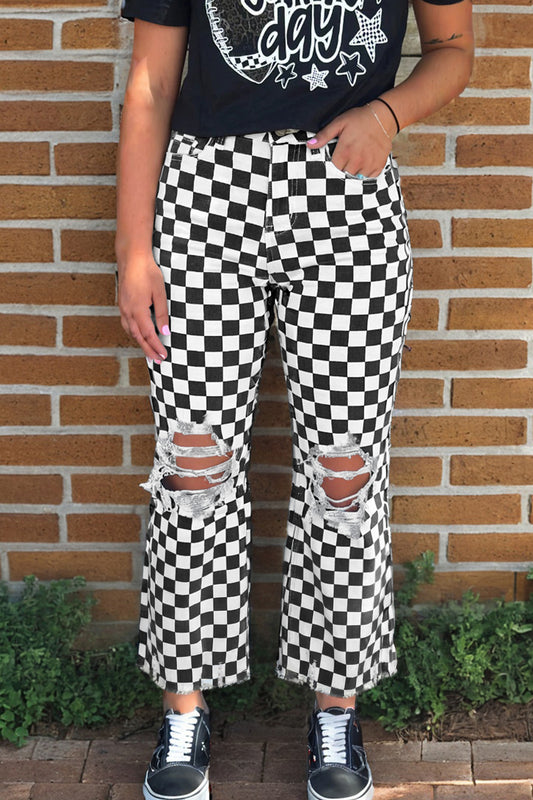 Black Checkerboard Print Distressed Holes Raw Edge Cropped Jeans-Bottoms/Jeans-[Adult]-[Female]-Black-4-2022 Online Blue Zone Planet