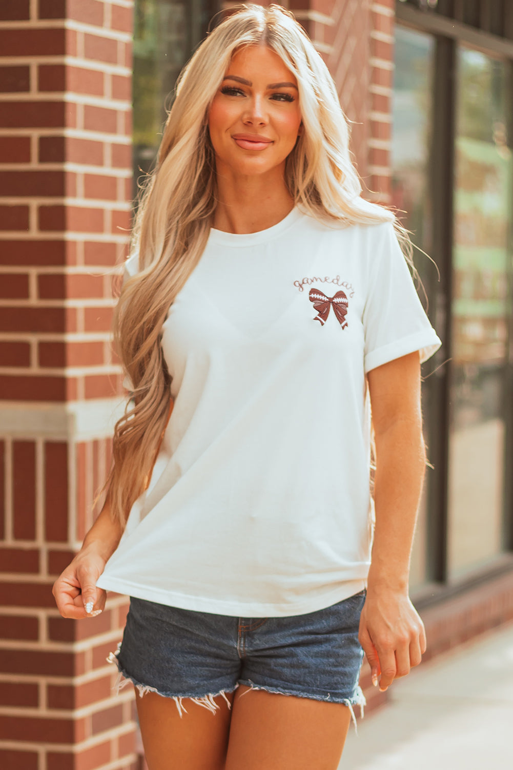 White Game Day Bowknot Embroidered Graphic Casual Tee-Graphic/Graphic Tees-[Adult]-[Female]-2022 Online Blue Zone Planet