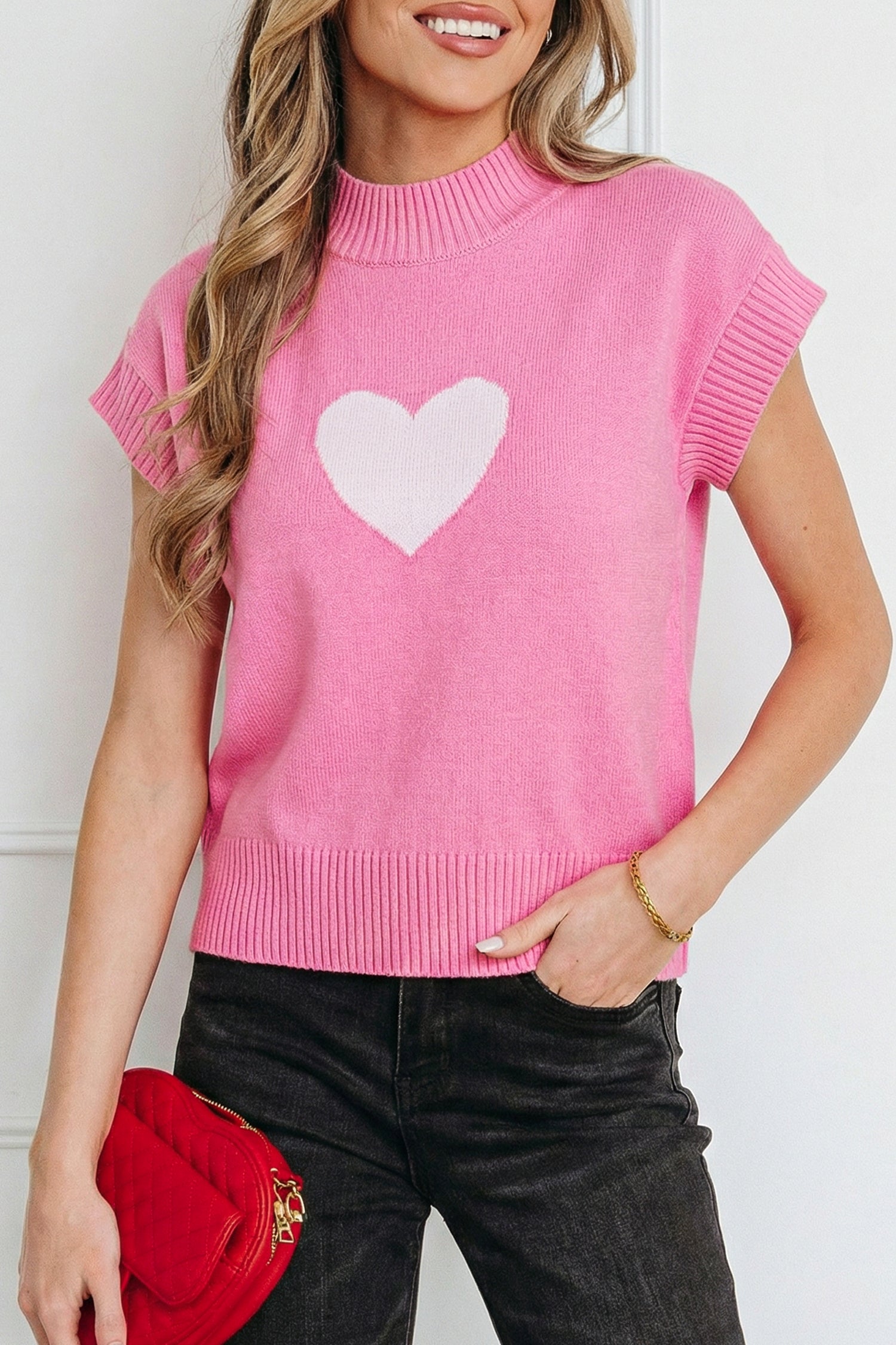 Pink Valentine Heart Graphic Cropped Short Sleeve Sweater-TOPS / DRESSES-[Adult]-[Female]-2022 Online Blue Zone Planet