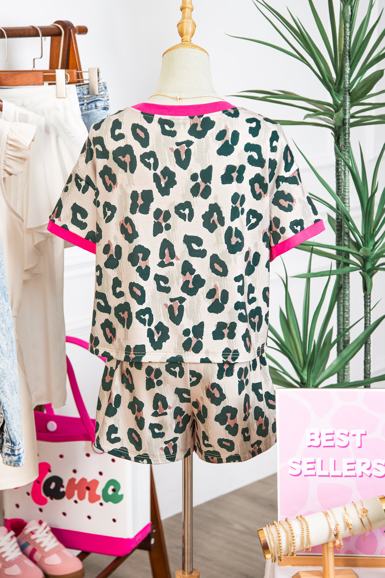 Brown Unique Leopard Print Contrast Trim Top Loose 2pcs Short Set-Two Piece Sets/Short Sets-[Adult]-[Female]-2022 Online Blue Zone Planet