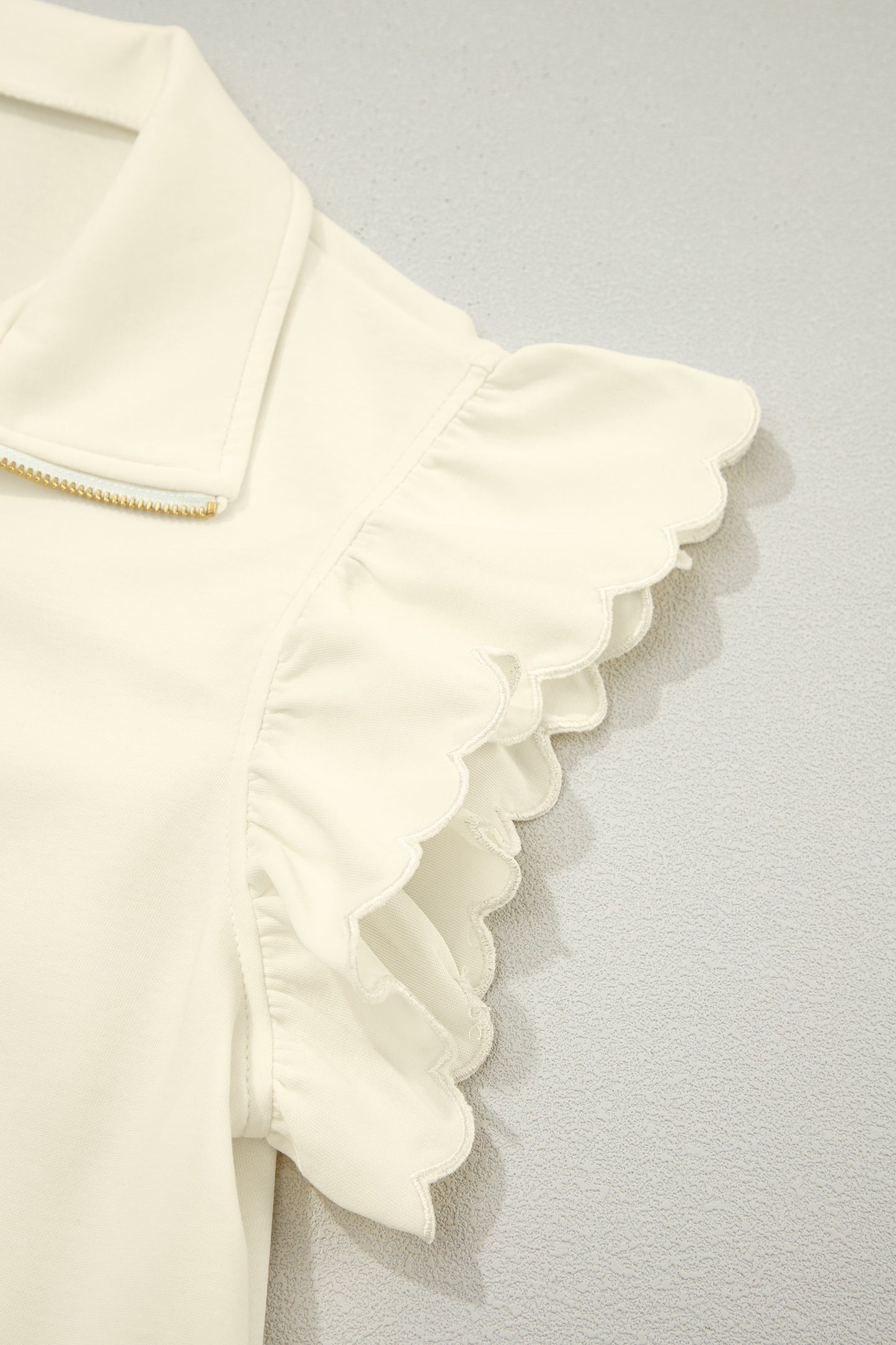 Beige Zipped up Collared Ruffled Short Sleeve Blouse-Tops/Blouses & Shirts-[Adult]-[Female]-2022 Online Blue Zone Planet