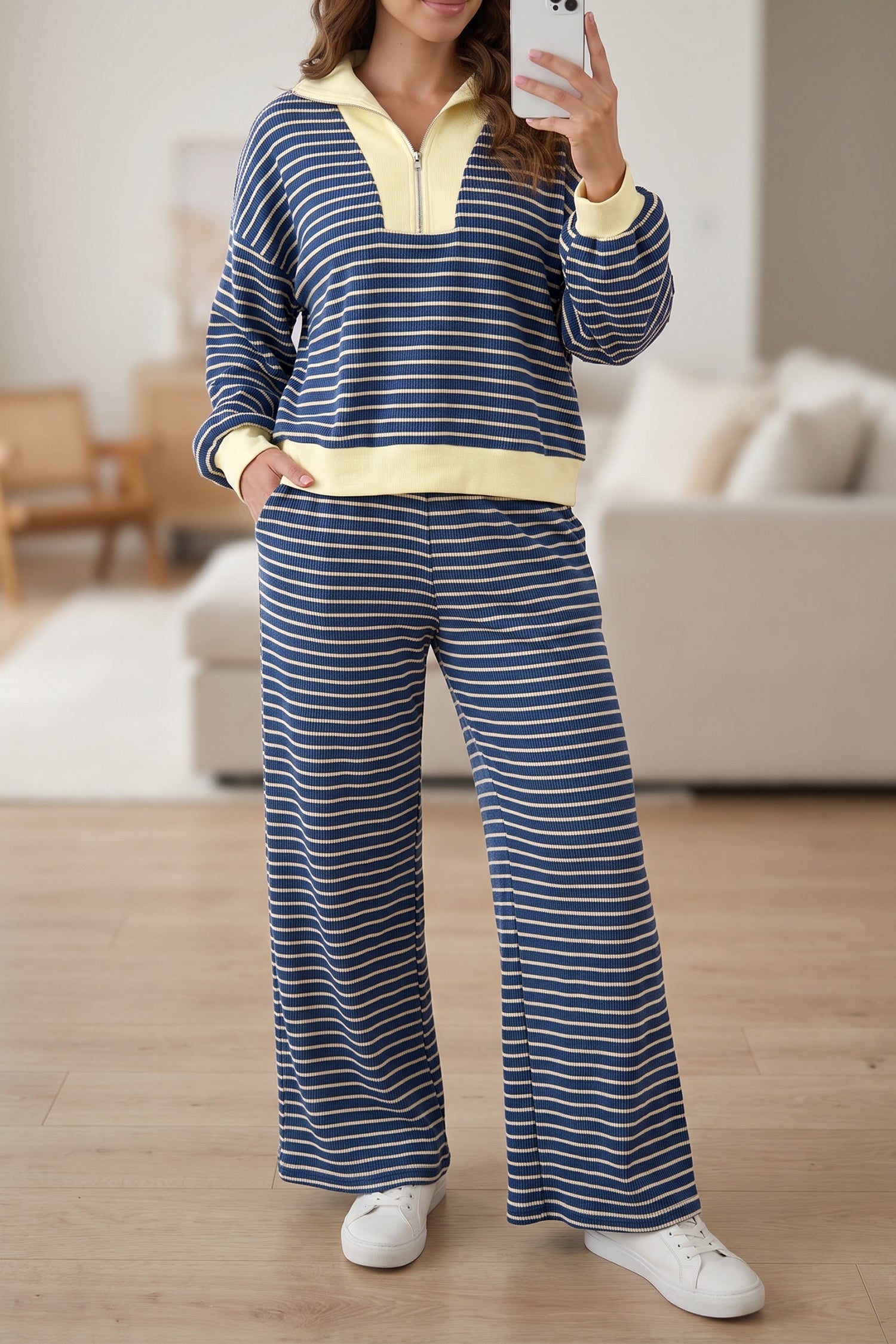 Blue Stripe Color Block Patchwork Zip V Neck Pullover Loose Pants 2pcs Set-Two Piece Sets/Pant Sets-[Adult]-[Female]-Blue Stripe-S-2022 Online Blue Zone Planet
