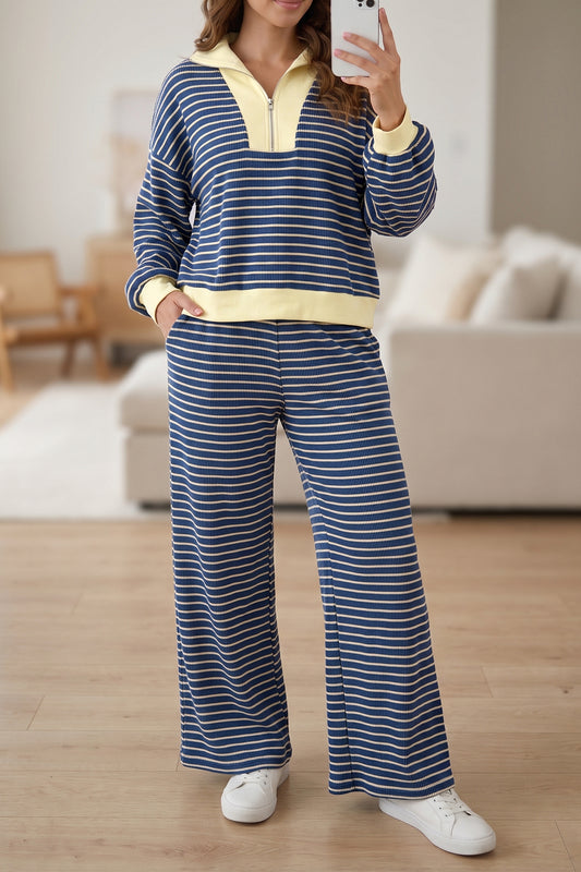 Blue Stripe Color Block Patchwork Zip V Neck Pullover Loose Pants 2pcs Set-Two Piece Sets/Pant Sets-[Adult]-[Female]-Blue Stripe-S-2022 Online Blue Zone Planet
