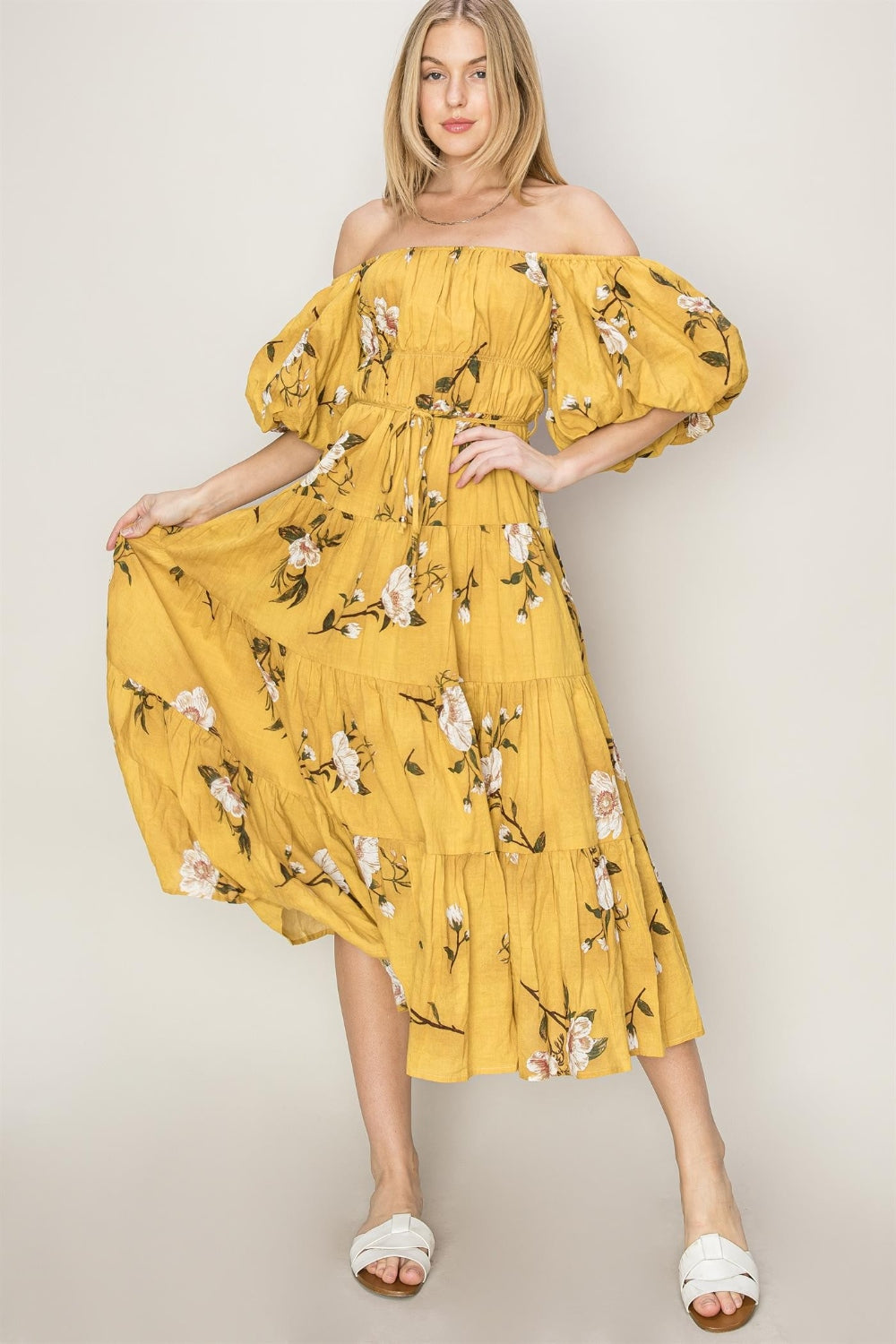 HYFVE Floral Puff Sleeve Tiered Dress-TOPS / DRESSES-[Adult]-[Female]-MUSTARD-S-2022 Online Blue Zone Planet